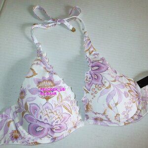 38D Victorias Secret Swim Ruffle Halter Bikini Top  White Violet Floral $50
